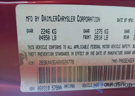 2006 Dodge Charger from USA, damaged, VIN 2B3KA43G46H524778